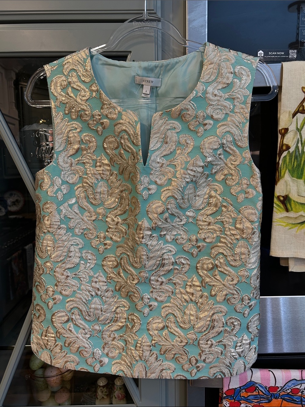 J. Crew Vintage Aqua Silk Brocade Sleeveless Top with Gold Accents